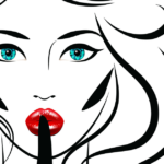 Illustration einer Frau mit blauen Augen und rot geschminkten Lippen, wie sie das "Pssst, Ruhe"-Zeichen macht.